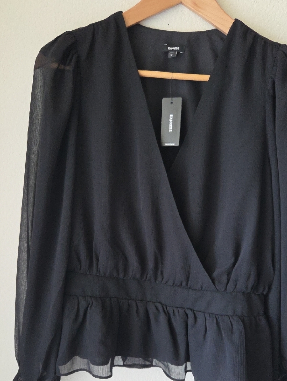 Express Black Wrap Blouse with Smocked Cuffs Sz M NEW - Picture 4 of 14